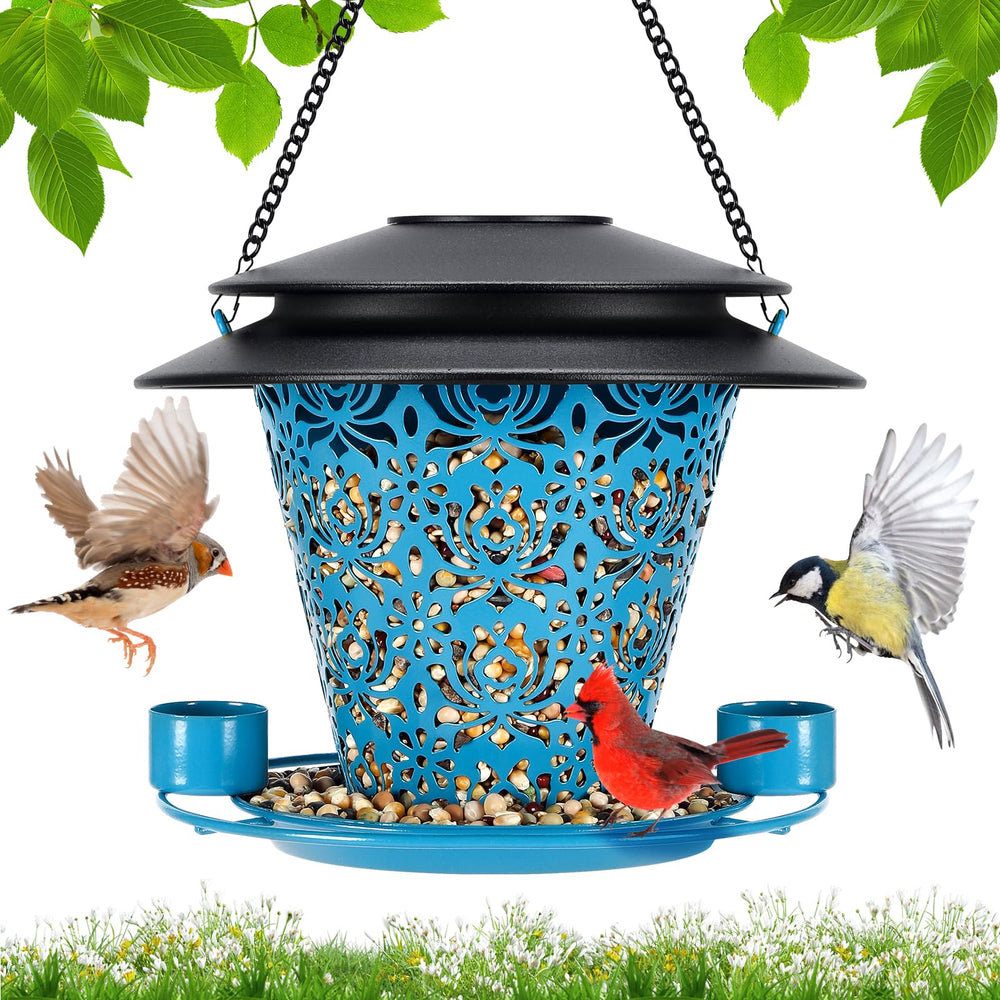 YYWMWM front view of blue metal bird feeder showing hanging design and decoration benefit