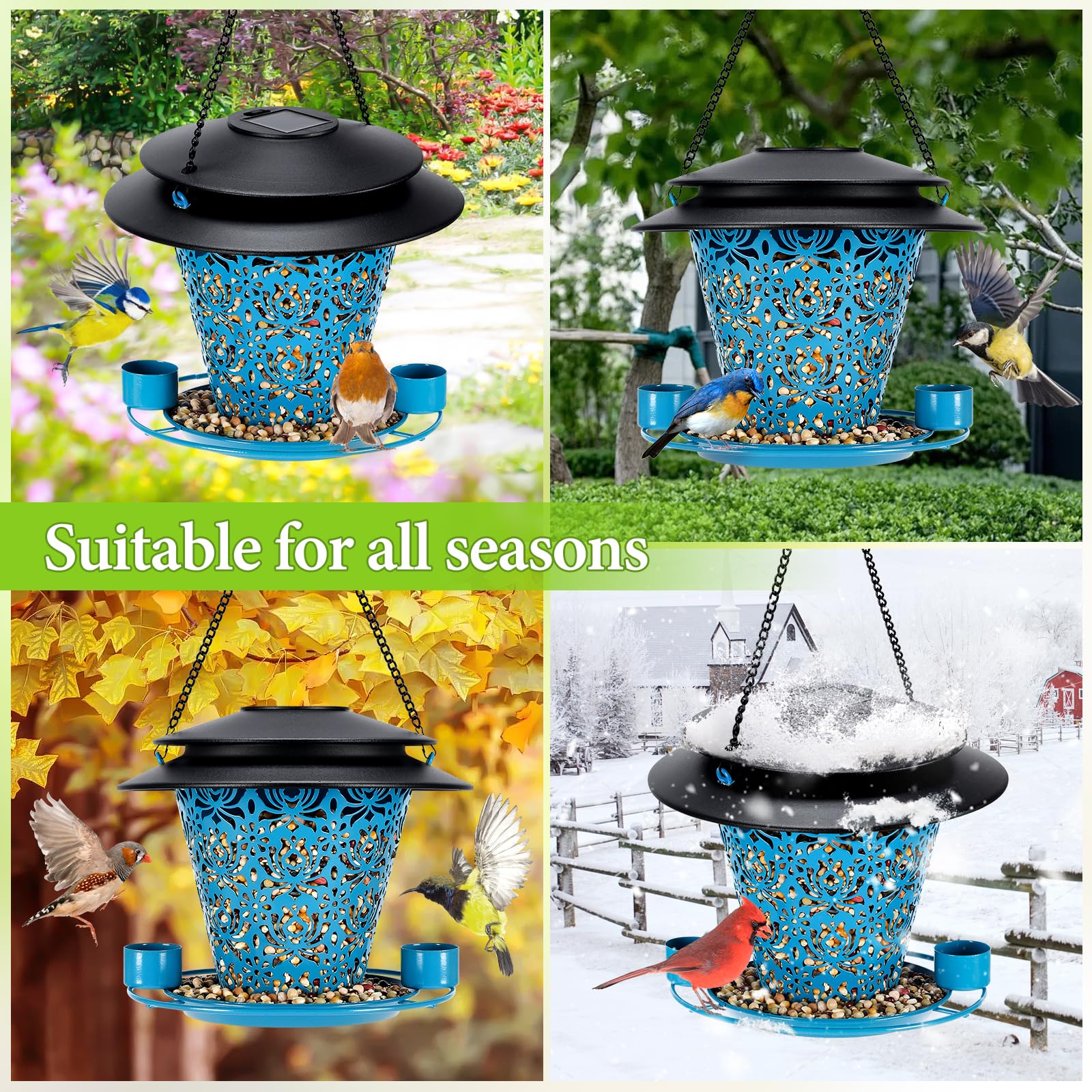 YYWMWM feeder hanging in garden providing decorative light and bird activity