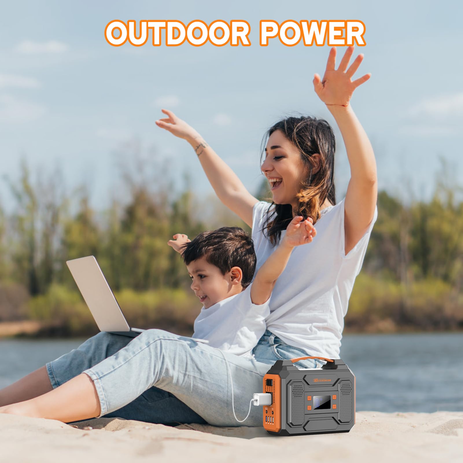 ZeroKor powering a laptop at campsite enabling remote work outdoors