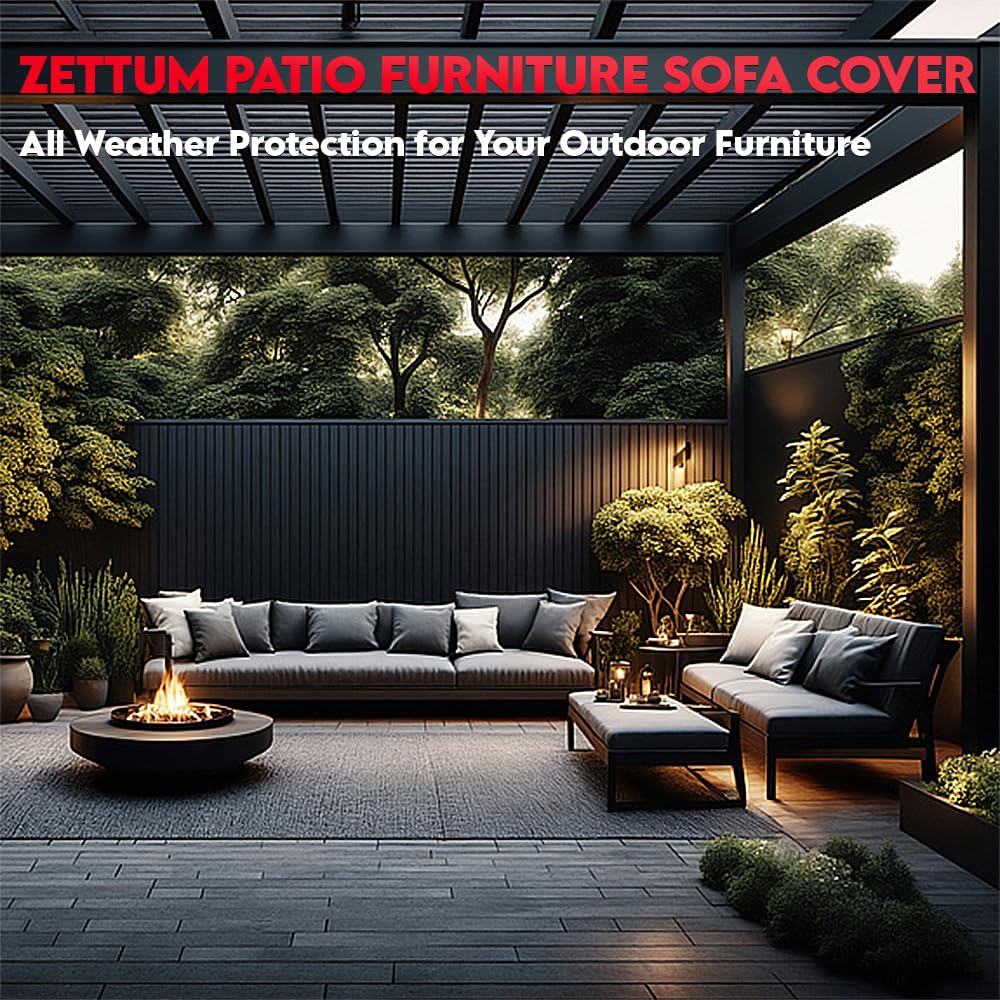 Zettum lifestyle patio setting with covered sofa, showing neat outdoor protection