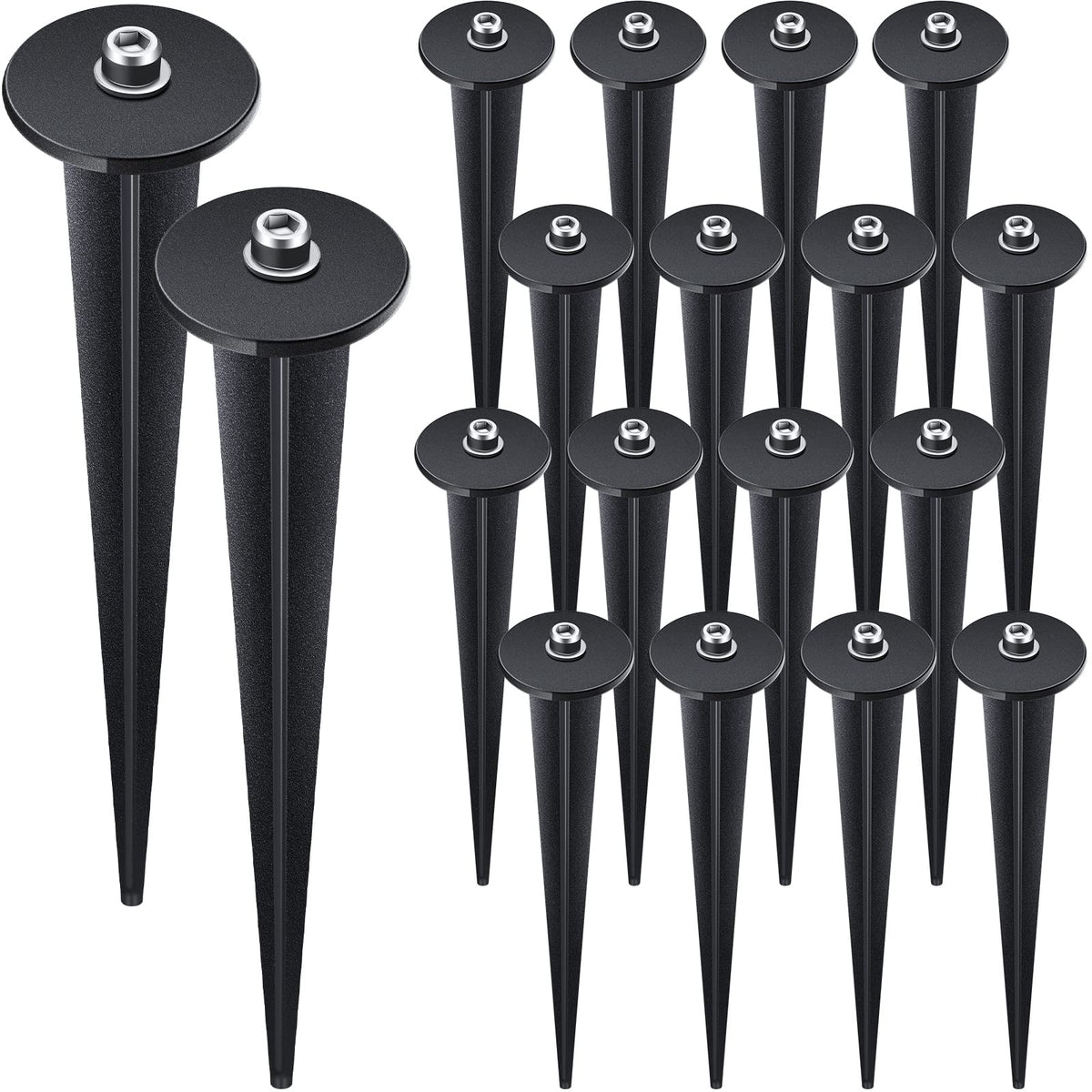 Zhengmy front view of 16 black metal stakes showing full kit and sturdiness