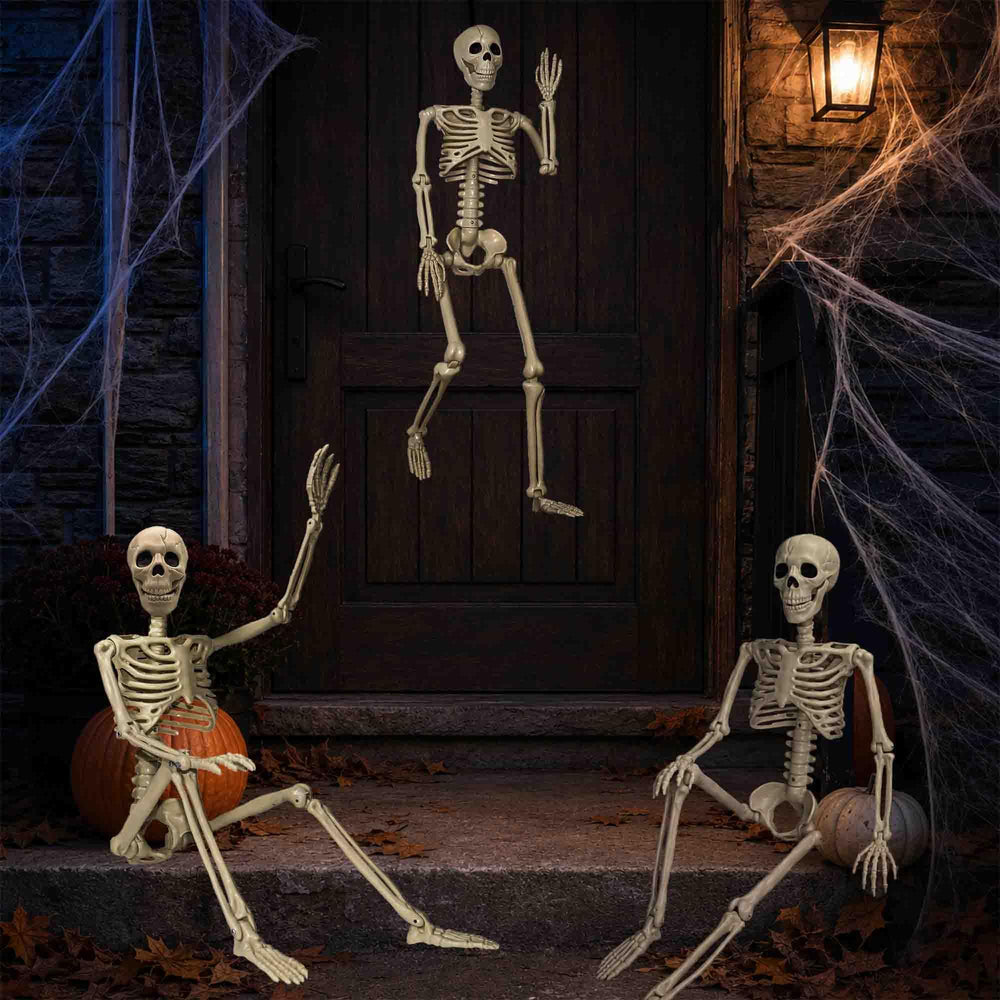 Znorso skeletons staged in yard graveyard scene adding spooky curb appeal