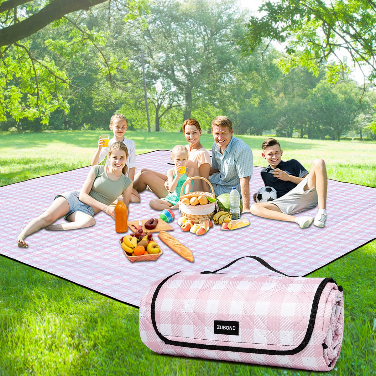 ZUBOND front view of full 80x100 blanket showing plaid and roomy layout for groups