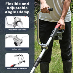 ZZM handle in use during lawn trimming reducing arm fatigue